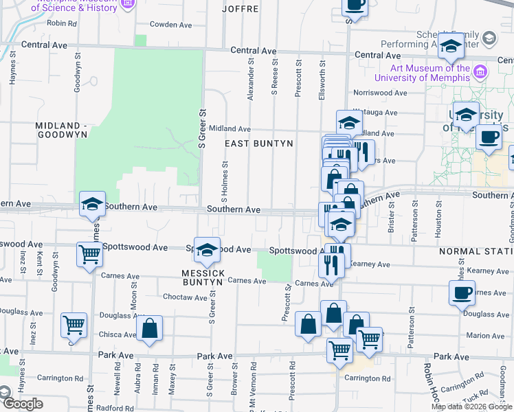 map of restaurants, bars, coffee shops, grocery stores, and more near in Memphis