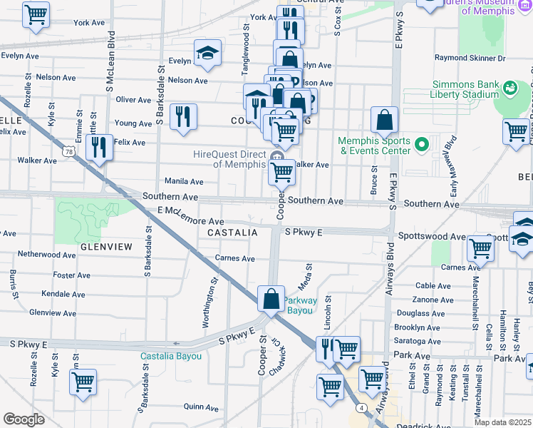 map of restaurants, bars, coffee shops, grocery stores, and more near 2098 East McLemore Avenue in Memphis