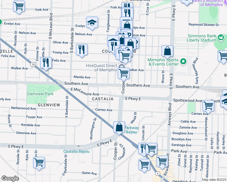 map of restaurants, bars, coffee shops, grocery stores, and more near 2098 East McLemore Avenue in Memphis
