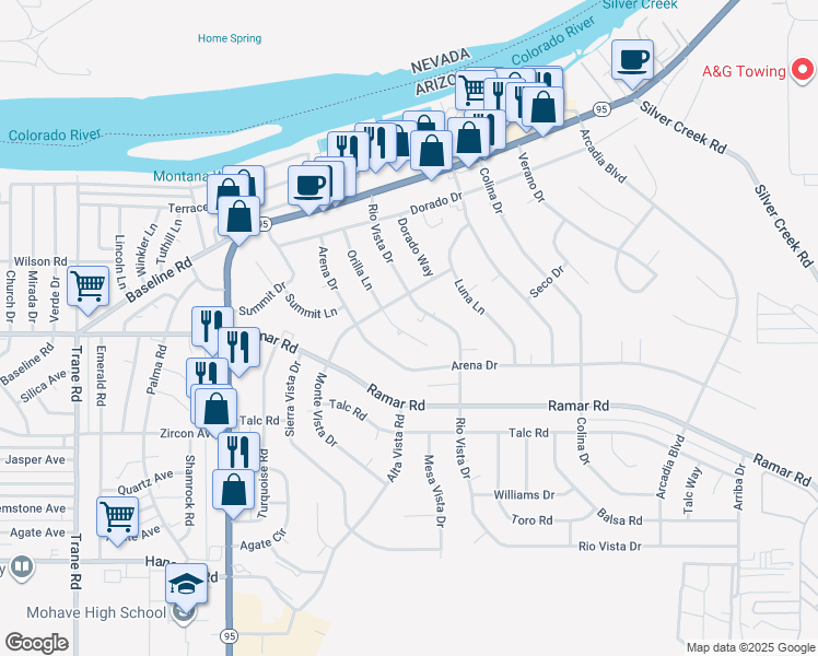 map of restaurants, bars, coffee shops, grocery stores, and more near 1504 Orilla Lane in Bullhead City