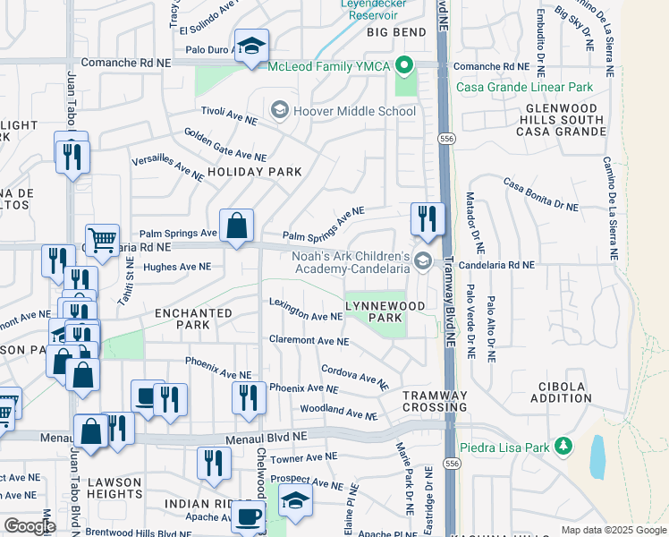 map of restaurants, bars, coffee shops, grocery stores, and more near 12218 Eric Court Northeast in Albuquerque