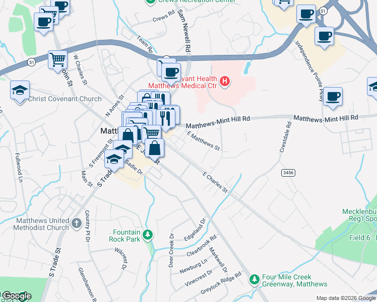 map of restaurants, bars, coffee shops, grocery stores, and more near 227 Old Depot Lane in Matthews
