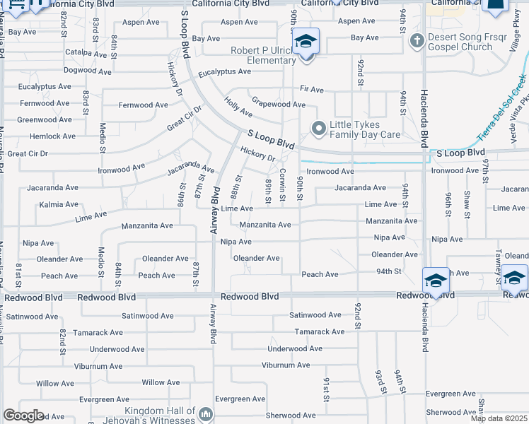 map of restaurants, bars, coffee shops, grocery stores, and more near Lime Avenue in California City