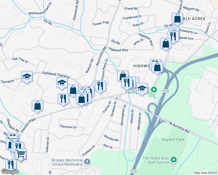 map of restaurants, bars, coffee shops, grocery stores, and more near 1144 Forest Plaza Circle in Chattanooga