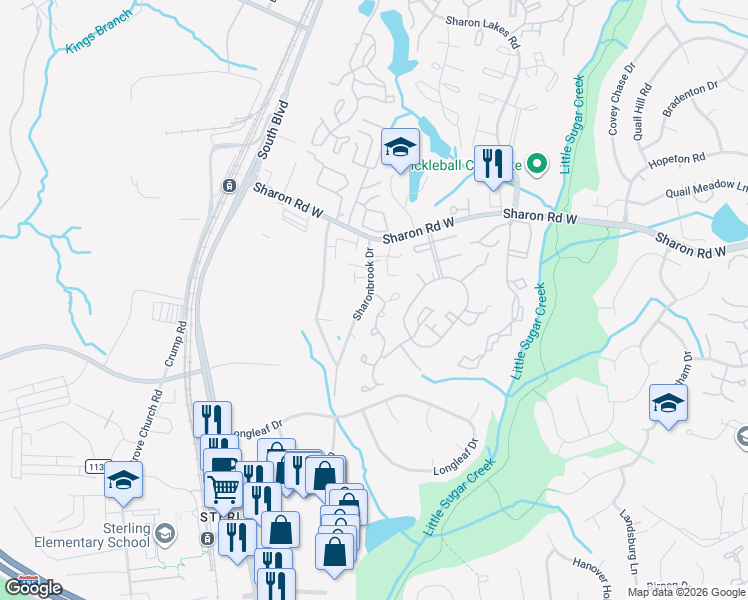 map of restaurants, bars, coffee shops, grocery stores, and more near 9014 Sharonbrook Drive in Charlotte