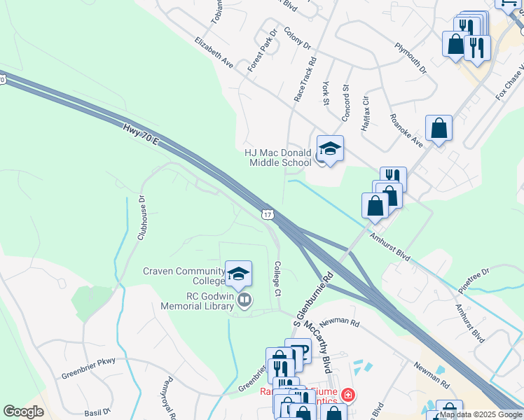 map of restaurants, bars, coffee shops, grocery stores, and more near U.S. 17 in New Bern