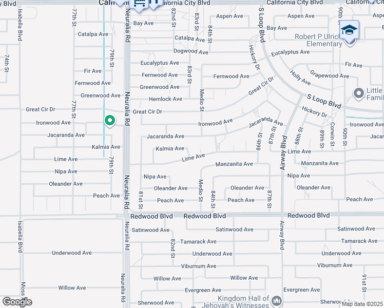 map of restaurants, bars, coffee shops, grocery stores, and more near 8301 Lime Avenue in California City