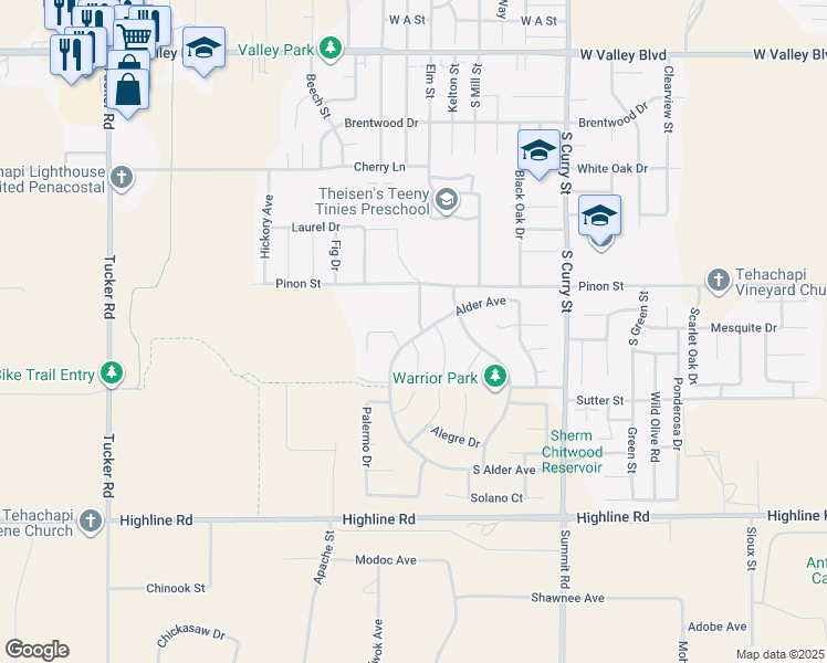 map of restaurants, bars, coffee shops, grocery stores, and more near 1227 Miranda Court in Tehachapi