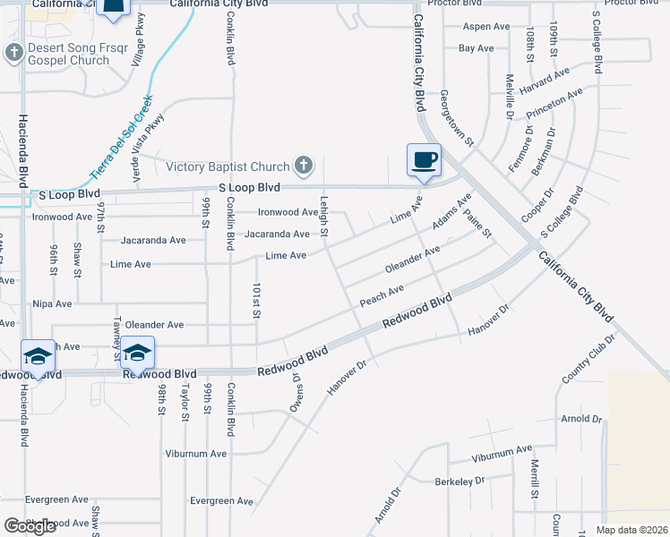 map of restaurants, bars, coffee shops, grocery stores, and more near Lehigh Street in California City