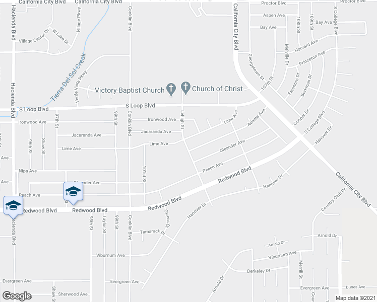 map of restaurants, bars, coffee shops, grocery stores, and more near Lehigh Street in California City