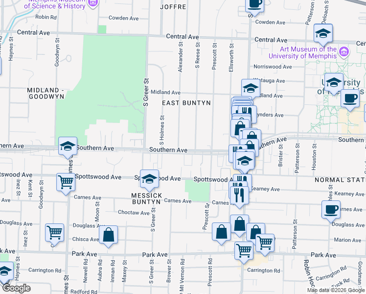 map of restaurants, bars, coffee shops, grocery stores, and more near 3328 Southern Avenue in Memphis