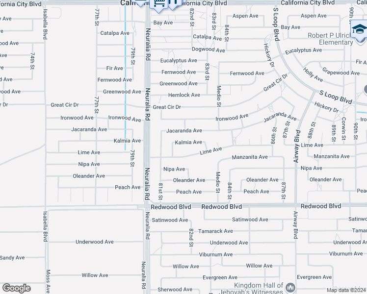 map of restaurants, bars, coffee shops, grocery stores, and more near Kalmia Avenue in California City
