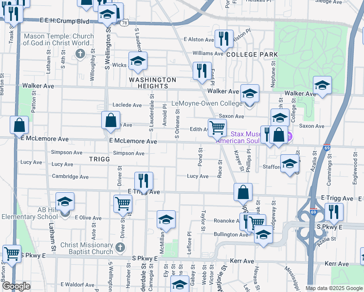 map of restaurants, bars, coffee shops, grocery stores, and more near 649 East McLemore Avenue in Memphis