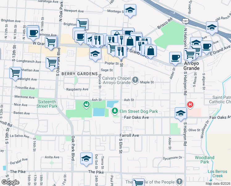 map of restaurants, bars, coffee shops, grocery stores, and more near 265 Aspen Street in Arroyo Grande