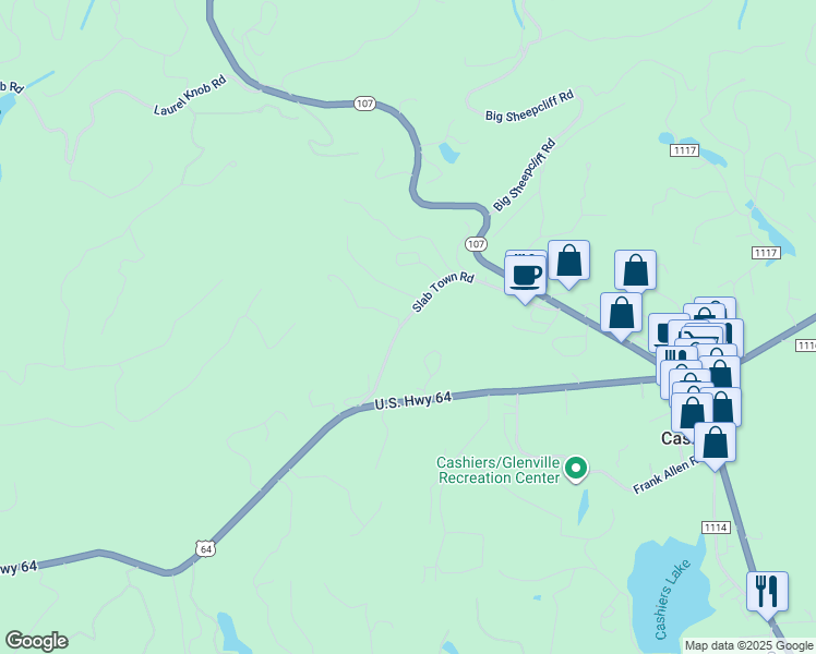 map of restaurants, bars, coffee shops, grocery stores, and more near 650 U.S. 64 in Cashiers