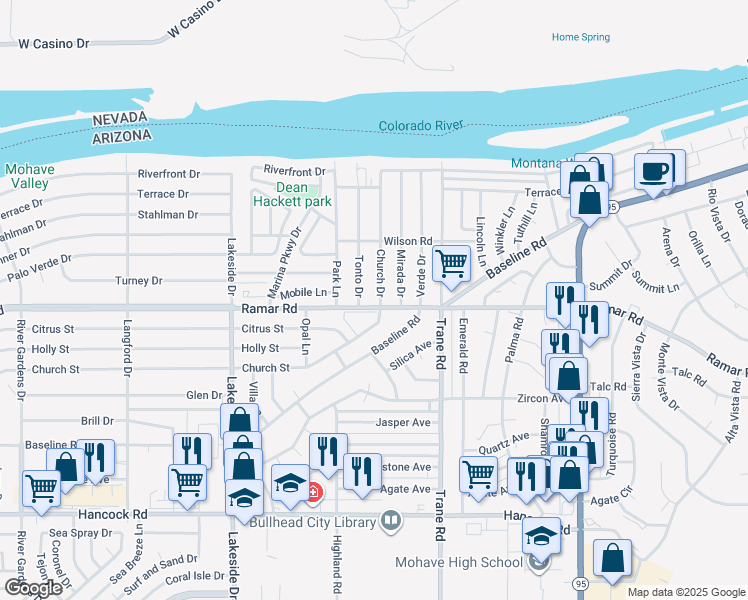 map of restaurants, bars, coffee shops, grocery stores, and more near 1190 Ramar Road in Bullhead City