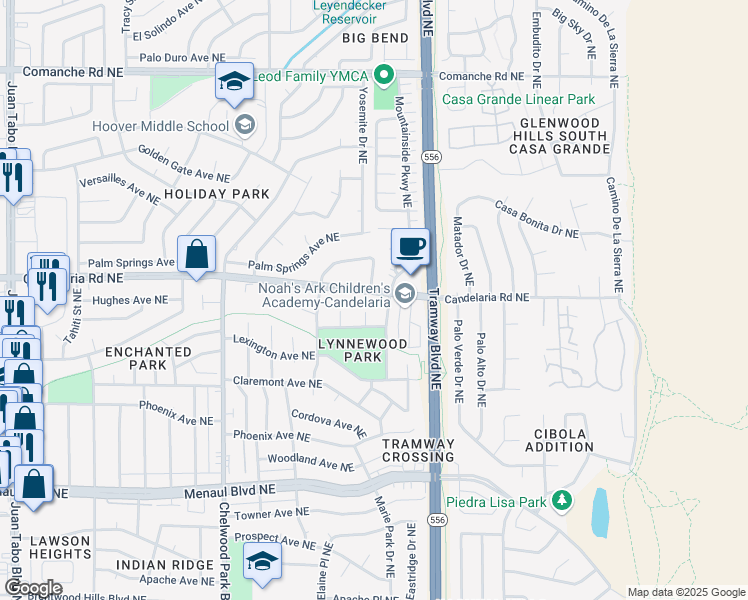 map of restaurants, bars, coffee shops, grocery stores, and more near 2804 Wood Court Northeast in Albuquerque