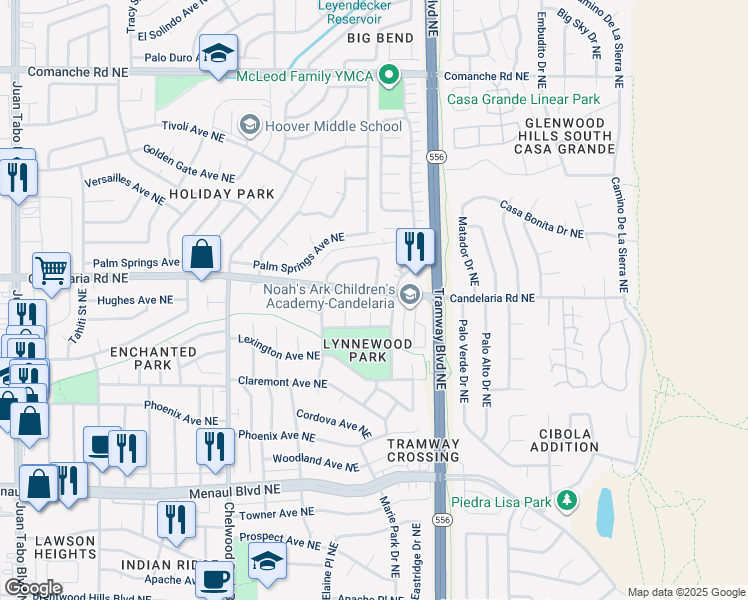 map of restaurants, bars, coffee shops, grocery stores, and more near 2804 Wood Court Northeast in Albuquerque