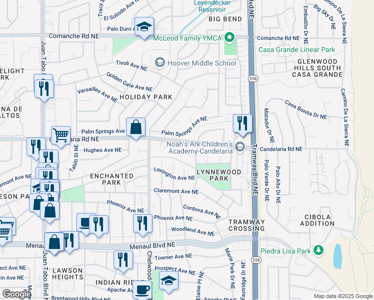 map of restaurants, bars, coffee shops, grocery stores, and more near 12218 Eric Court Northeast in Albuquerque