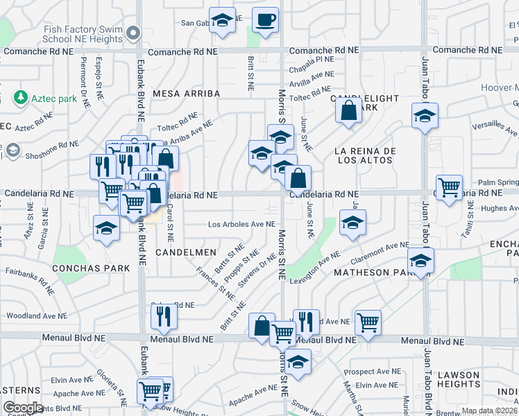 map of restaurants, bars, coffee shops, grocery stores, and more near 10313 Los Arboles Ave NE in Albuquerque
