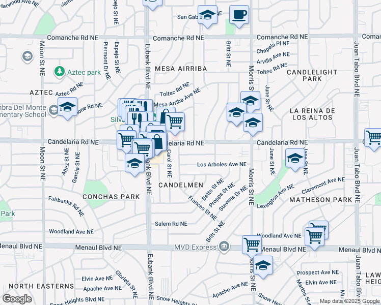 map of restaurants, bars, coffee shops, grocery stores, and more near 10009 Los Arboles Avenue Northeast in Albuquerque