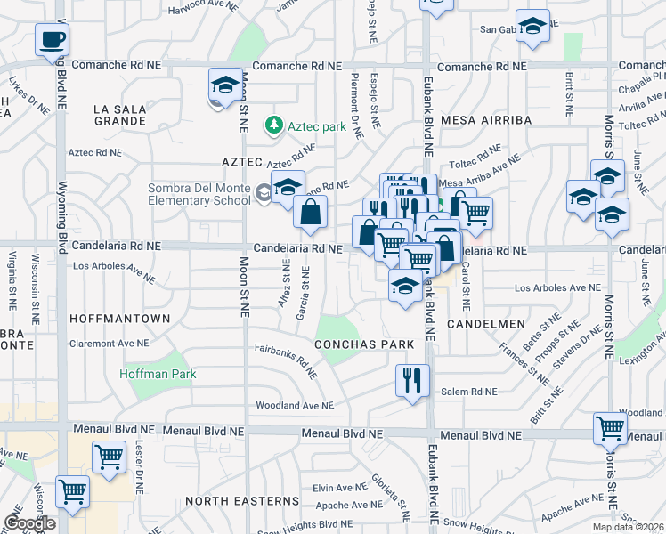 map of restaurants, bars, coffee shops, grocery stores, and more near 2800 Lexington Place Northeast in Albuquerque