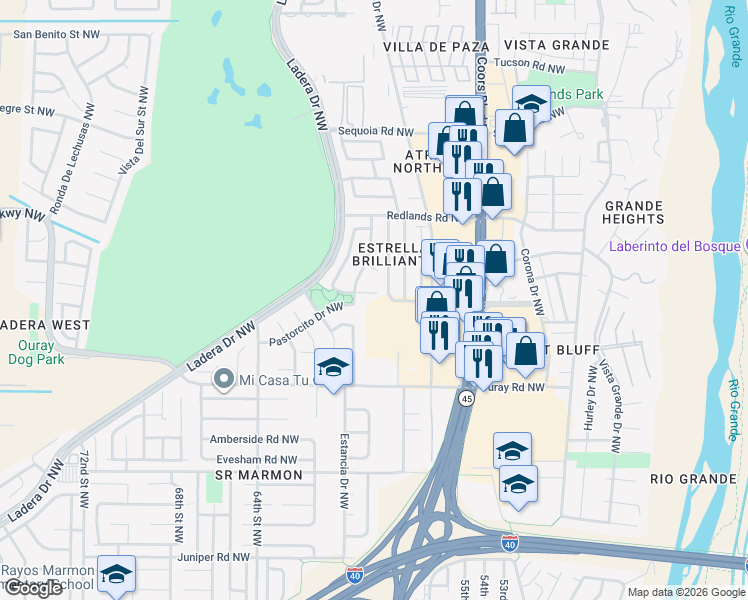 map of restaurants, bars, coffee shops, grocery stores, and more near 2600 Americare Court Northwest in Albuquerque
