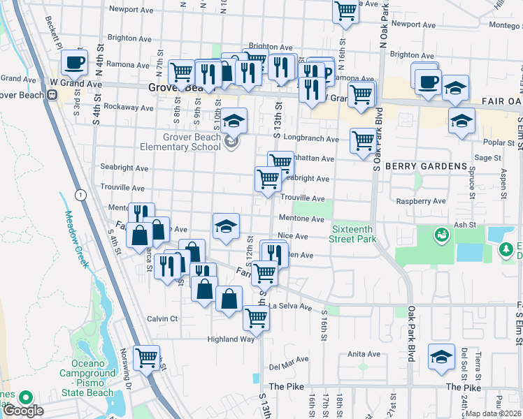 map of restaurants, bars, coffee shops, grocery stores, and more near 1232 Mentone Avenue in Grover Beach