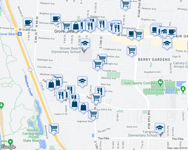 map of restaurants, bars, coffee shops, grocery stores, and more near 1232 Mentone Avenue in Grover Beach