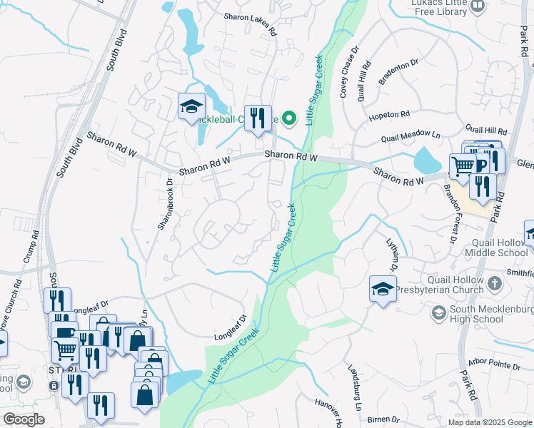 map of restaurants, bars, coffee shops, grocery stores, and more near 8229 Riverbirch Drive in Charlotte