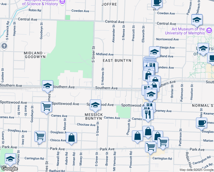 map of restaurants, bars, coffee shops, grocery stores, and more near 3289 Southern Avenue in Memphis