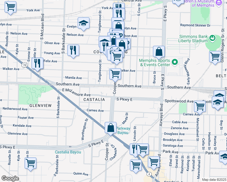 map of restaurants, bars, coffee shops, grocery stores, and more near 2140 South Parkway East in Memphis