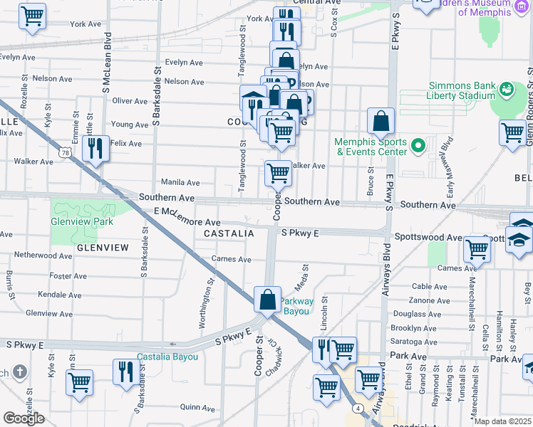 map of restaurants, bars, coffee shops, grocery stores, and more near 2098 East McLemore Avenue in Memphis