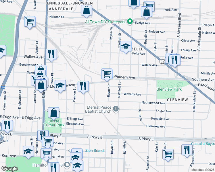 map of restaurants, bars, coffee shops, grocery stores, and more near 1145 Rayner Street in Memphis