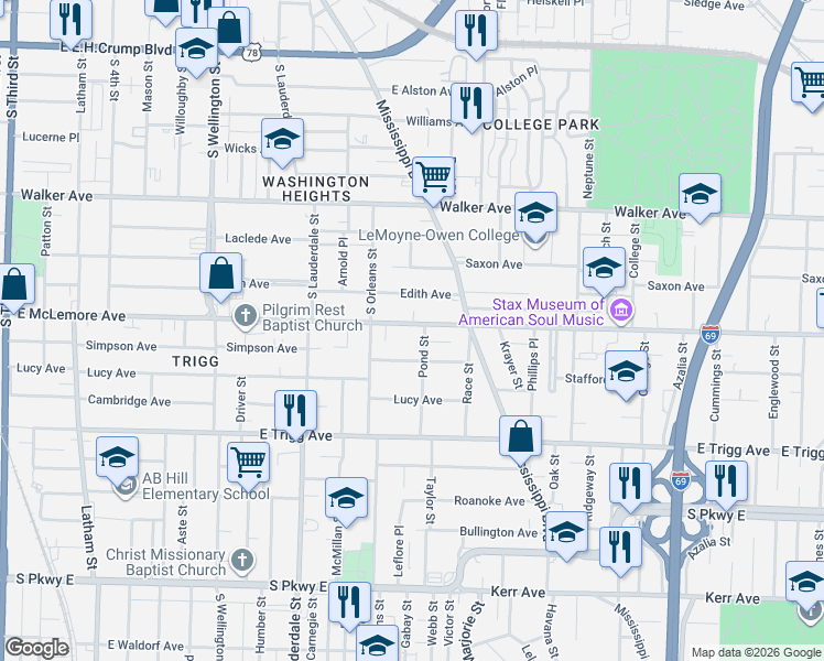map of restaurants, bars, coffee shops, grocery stores, and more near 1173 Pond Street in Memphis