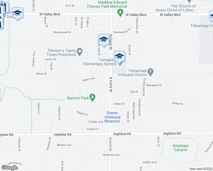 map of restaurants, bars, coffee shops, grocery stores, and more near 204 Meadowbrook Court in Tehachapi