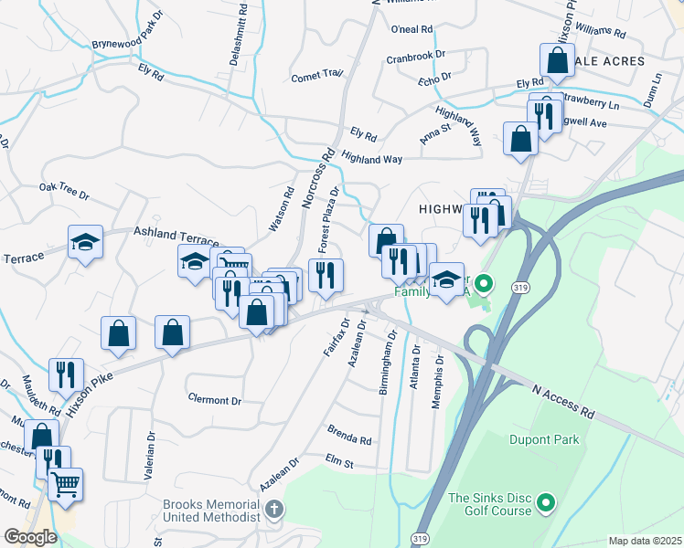 map of restaurants, bars, coffee shops, grocery stores, and more near 1144 Forest Plaza Circle in Chattanooga