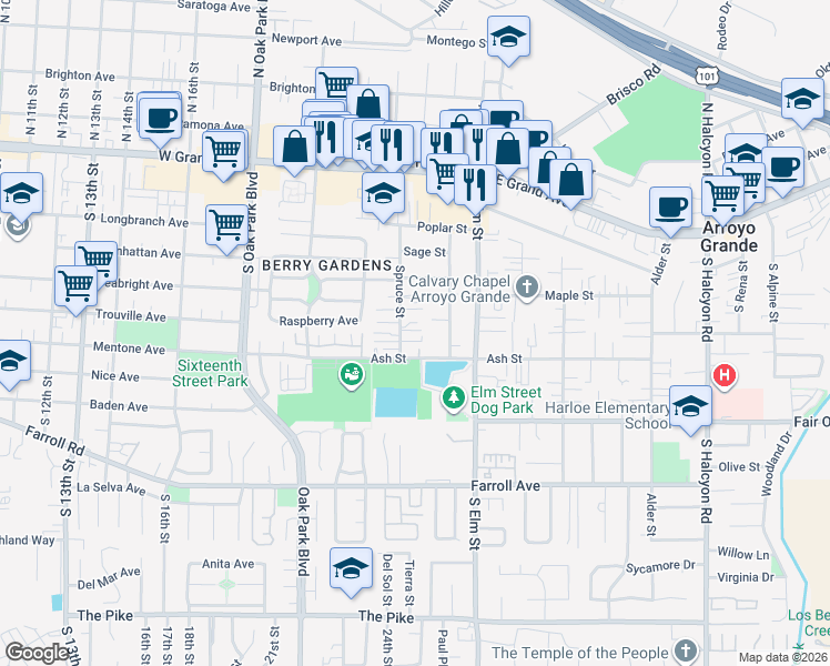 map of restaurants, bars, coffee shops, grocery stores, and more near 263 Spruce Street in Arroyo Grande