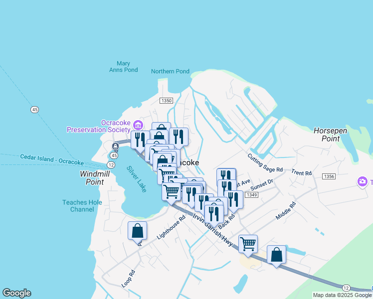 map of restaurants, bars, coffee shops, grocery stores, and more near in Ocracoke