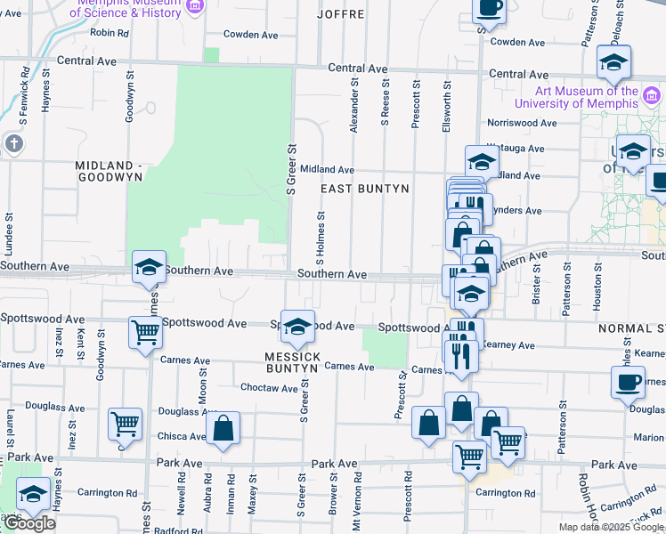 map of restaurants, bars, coffee shops, grocery stores, and more near 3289 Southern Avenue in Memphis