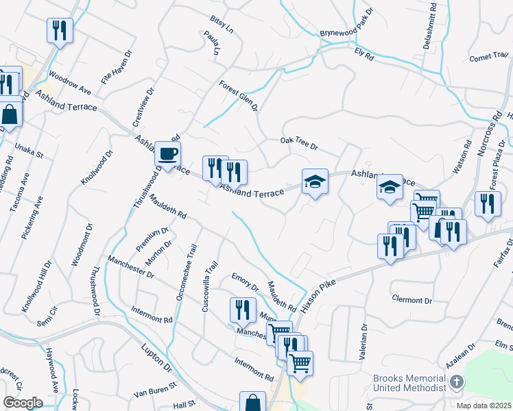 map of restaurants, bars, coffee shops, grocery stores, and more near 3600 Highland Terrace Drive in Chattanooga