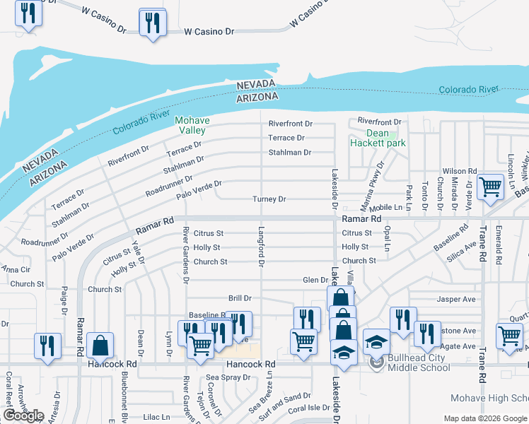 map of restaurants, bars, coffee shops, grocery stores, and more near 864 Ramar Road in Bullhead City