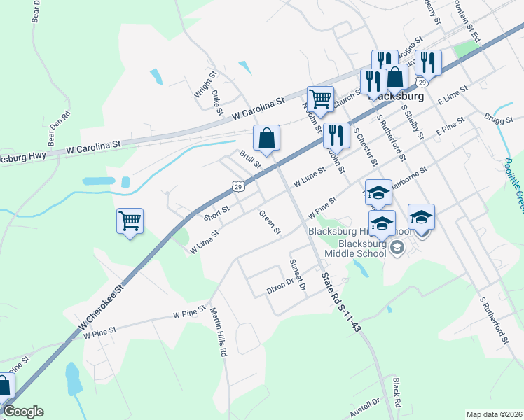 map of restaurants, bars, coffee shops, grocery stores, and more near 507 West Lime Street in Blacksburg