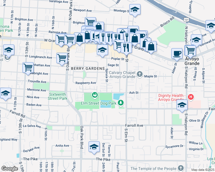 map of restaurants, bars, coffee shops, grocery stores, and more near 263 Spruce Street in Arroyo Grande