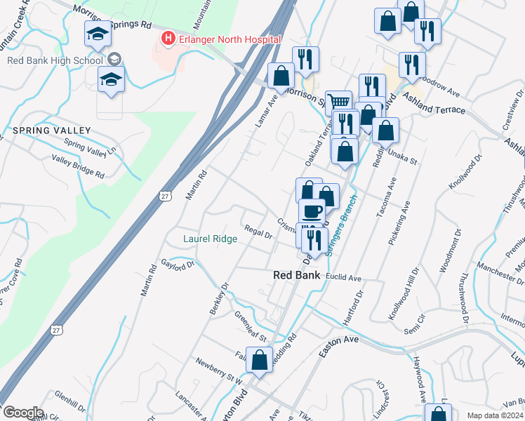 map of restaurants, bars, coffee shops, grocery stores, and more near 302 Crisman Street in Chattanooga
