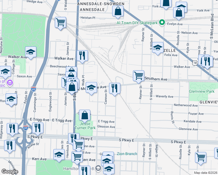 map of restaurants, bars, coffee shops, grocery stores, and more near 1369 East McLemore Avenue in Memphis