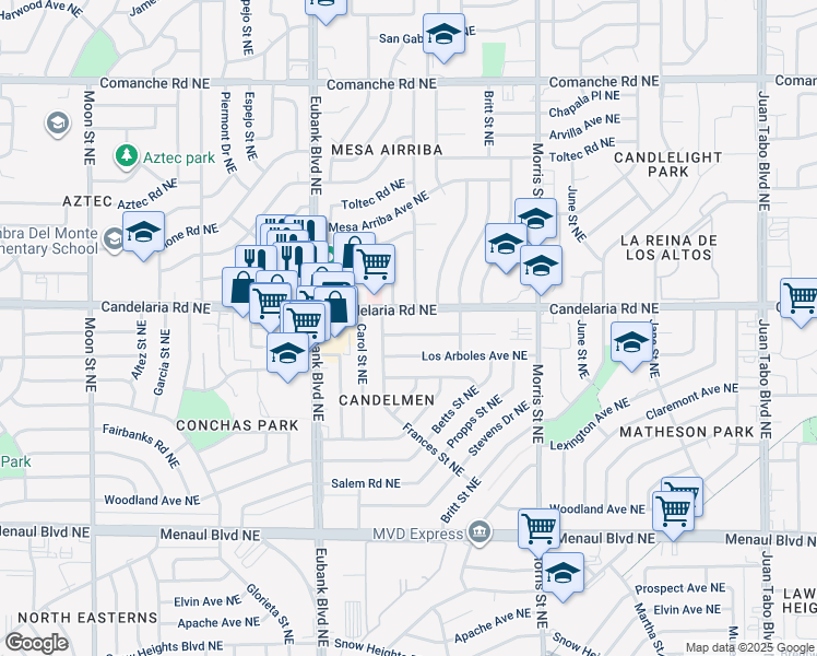 map of restaurants, bars, coffee shops, grocery stores, and more near 10009 Los Arboles Avenue Northeast in Albuquerque