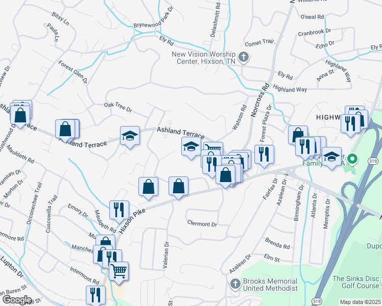 map of restaurants, bars, coffee shops, grocery stores, and more near 930 Ashland Terrace in Chattanooga