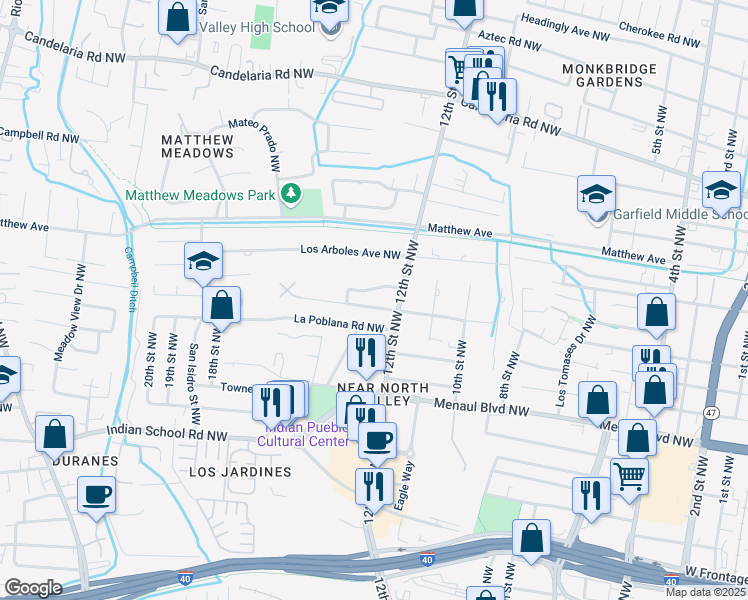 map of restaurants, bars, coffee shops, grocery stores, and more near 1237 La Poblana Road Northwest in Albuquerque