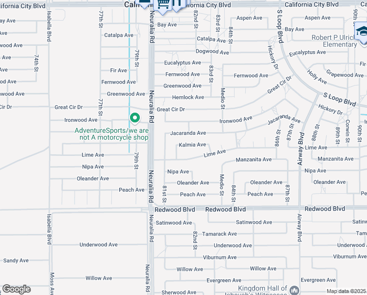 map of restaurants, bars, coffee shops, grocery stores, and more near 8160 Kalmia Avenue in California City